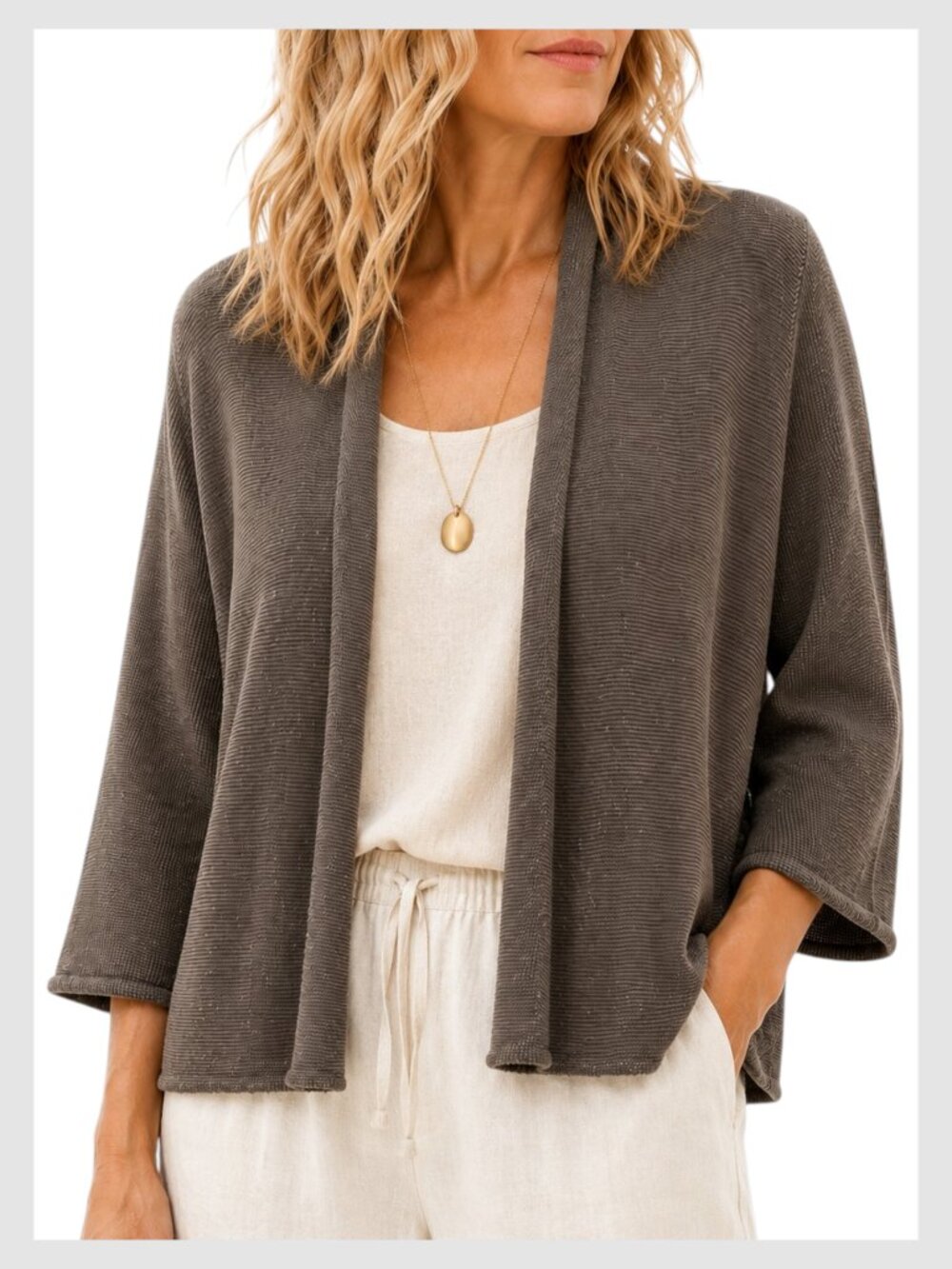 Eileen Fisher Brown Taupe Merino Wool Open Front Cardigan 3/4 Sleeve XS